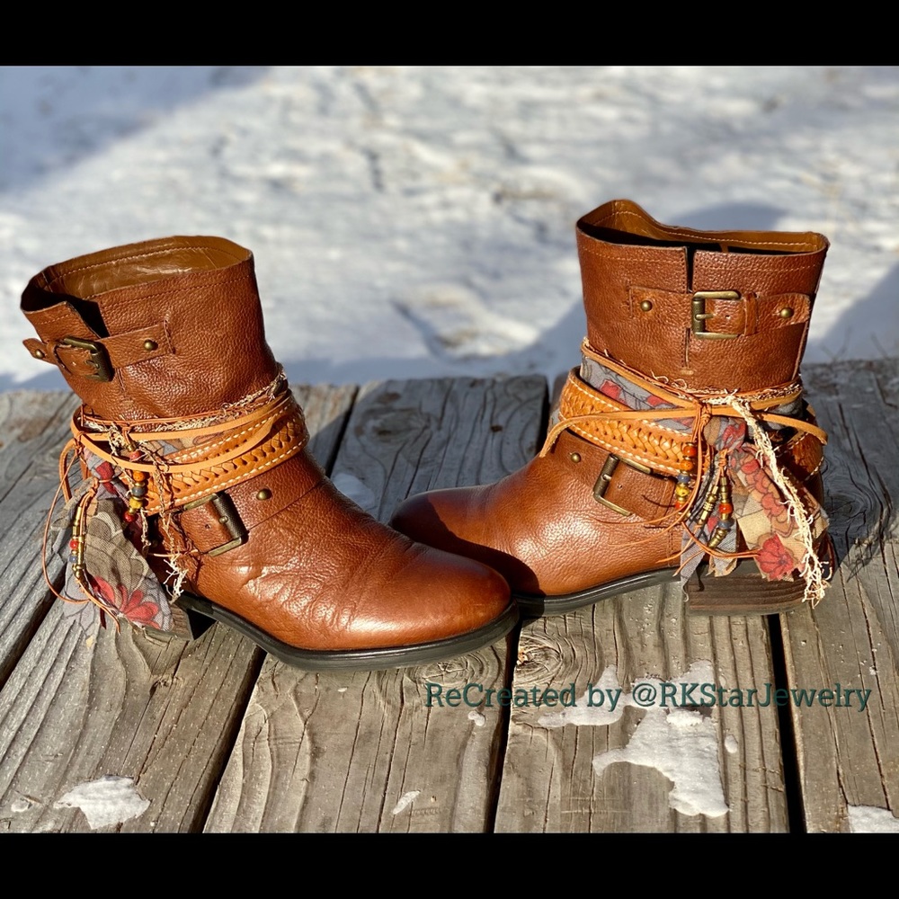 Tan Leather Ankle Bootie Boots Sz 7.5 UPCycled